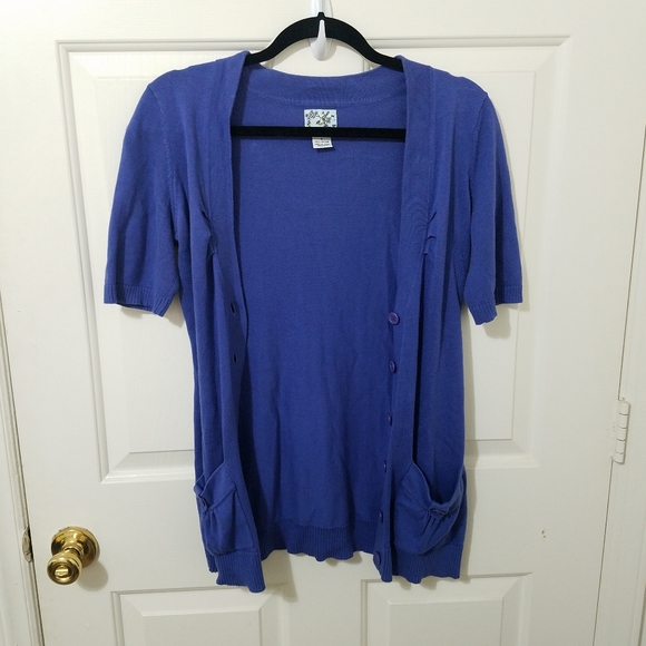 TABITHA Blue Button Fitted Short Sleeved Cardigan - Picture 4 of 12